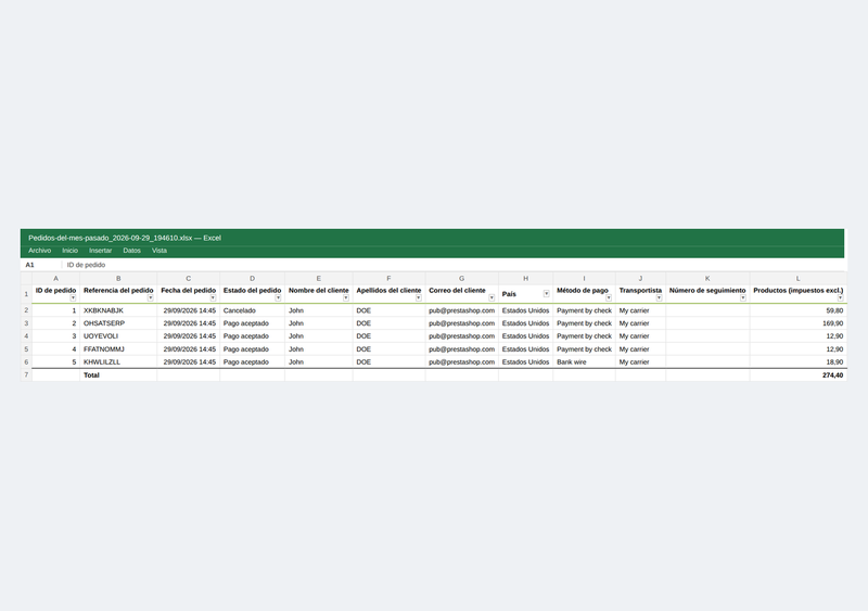 Fichero Excel exportado desde PrestaShop con números y fechas reales, cabecera fija y autofiltro