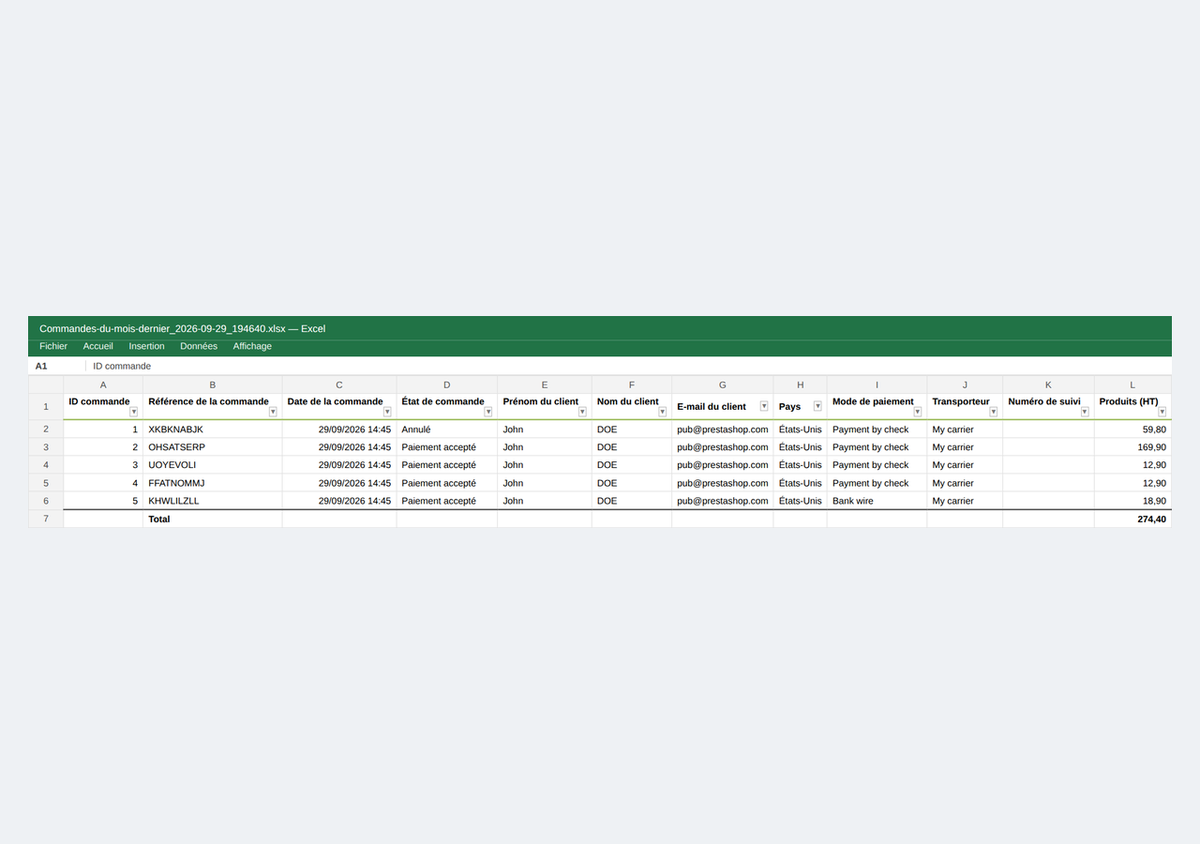 Fichier Excel exporté depuis PrestaShop avec vrais nombres et vraies dates, en-tête figé et filtre automatique