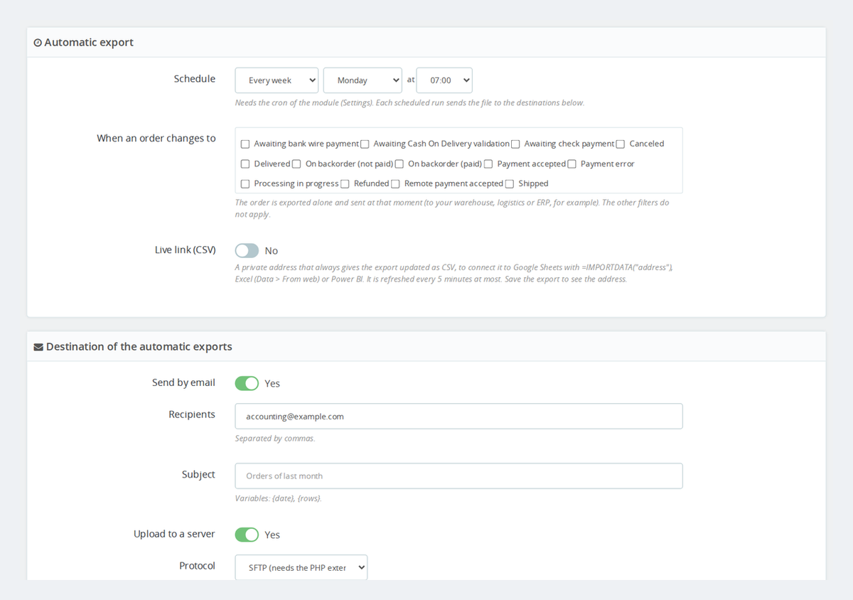Export scheduling by cron, delivery by email and FTP, and a live link for Google Sheets