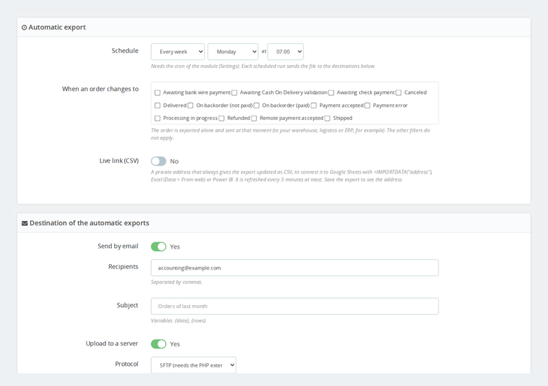 Export scheduling by cron, delivery by email and FTP, and a live link for Google Sheets