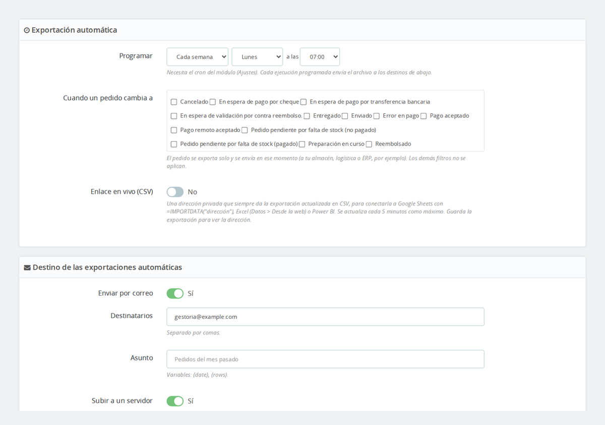 Programación de la exportación por cron, envío por correo y FTP, y enlace en vivo para Google Sheets