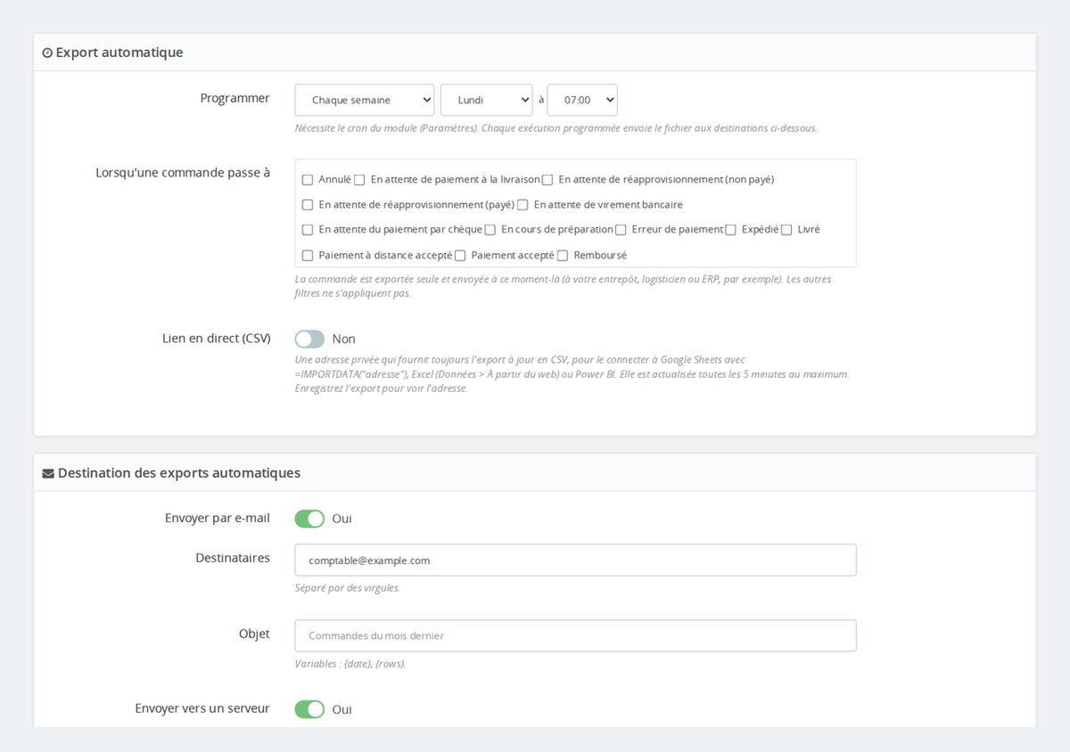 Planification de l’export par cron, envoi par e-mail et FTP, et lien en direct pour Google Sheets