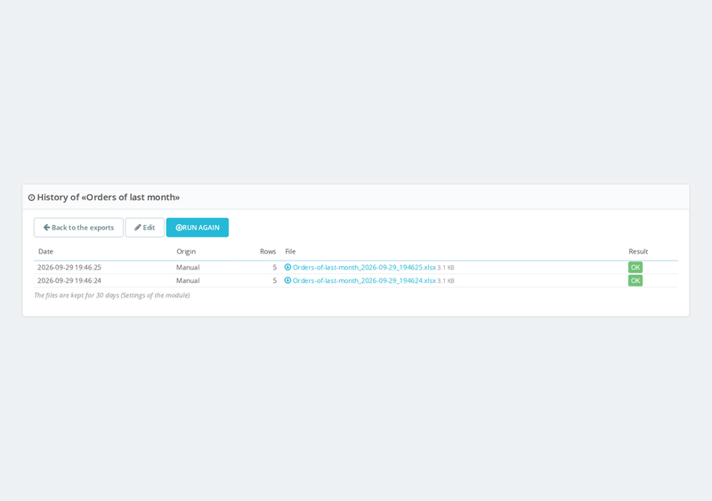 History of exported files with date, rows, status and download