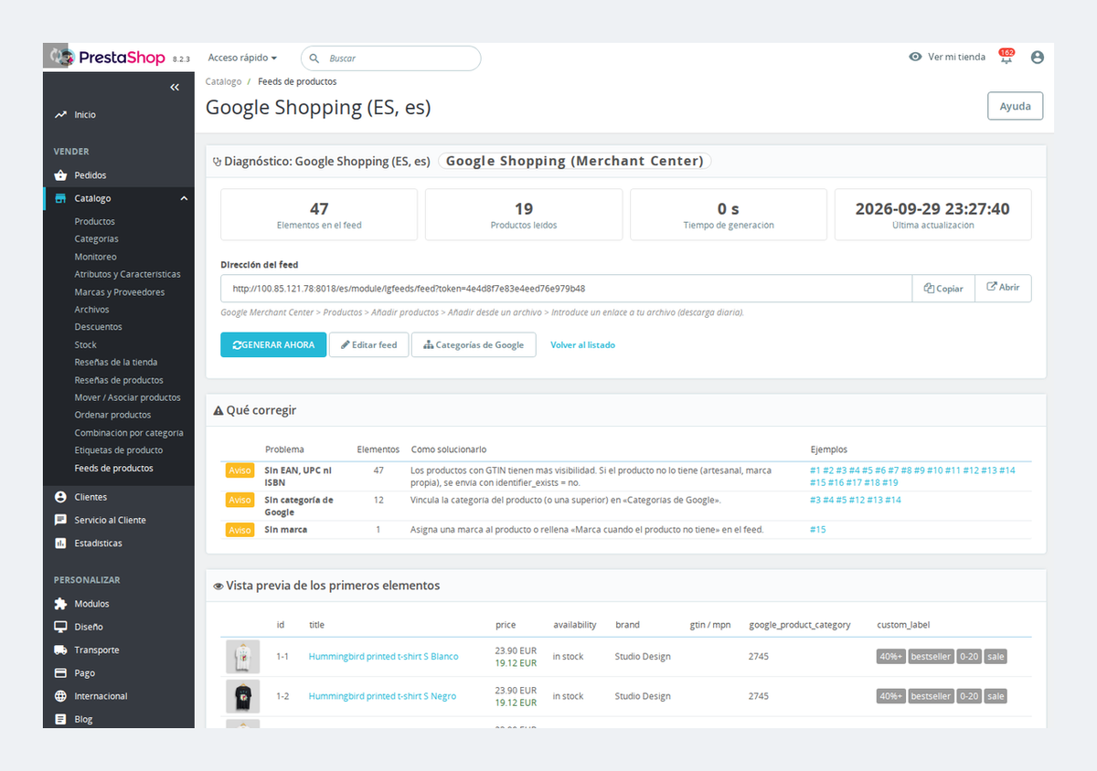 Diagnóstico del feed de Google Merchant Center: productos excluidos y EAN erróneos