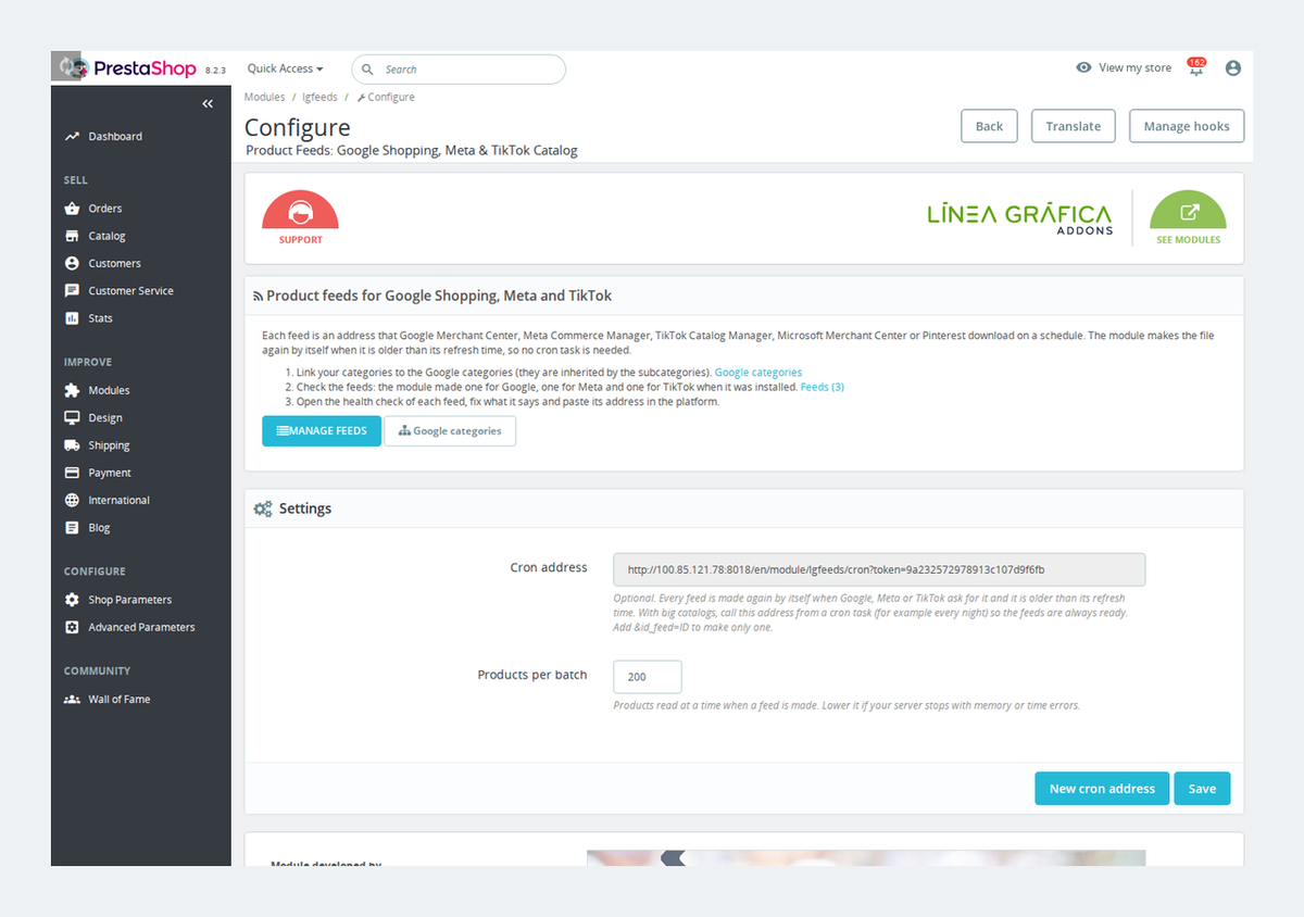 Réglages du module de flux : tâche cron optionnelle et taille des lots