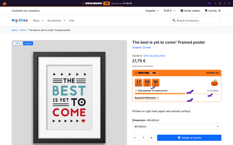 Ficha de producto con venta flash, cuenta atrás y barra «quedan X a este precio» en PrestaShop