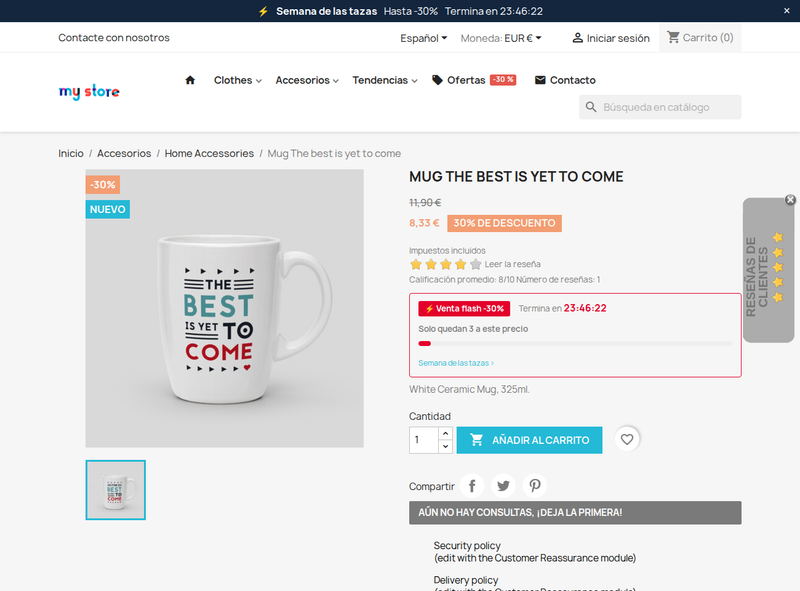 Fiche produit avec vente flash, compte à rebours et barre « plus que X à ce prix » sur PrestaShop