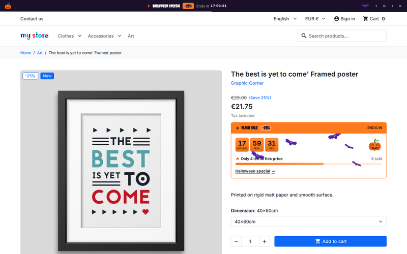 Fiche produit avec vente flash, compte à rebours et barre « plus que X à ce prix » sur PrestaShop