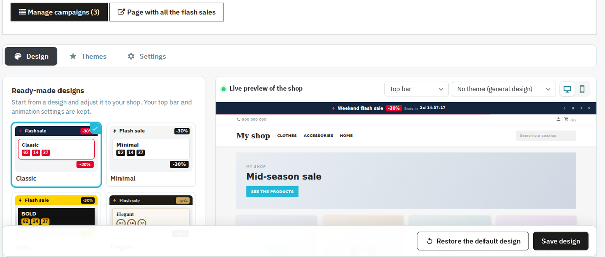 Visual flash sale design editor with live preview in the PrestaShop back office