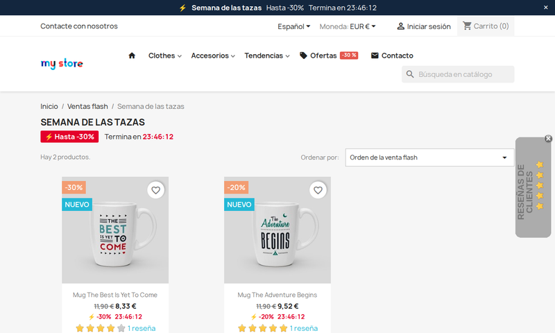 Página propia de la campaña de venta flash con sus productos y la cuenta atrás