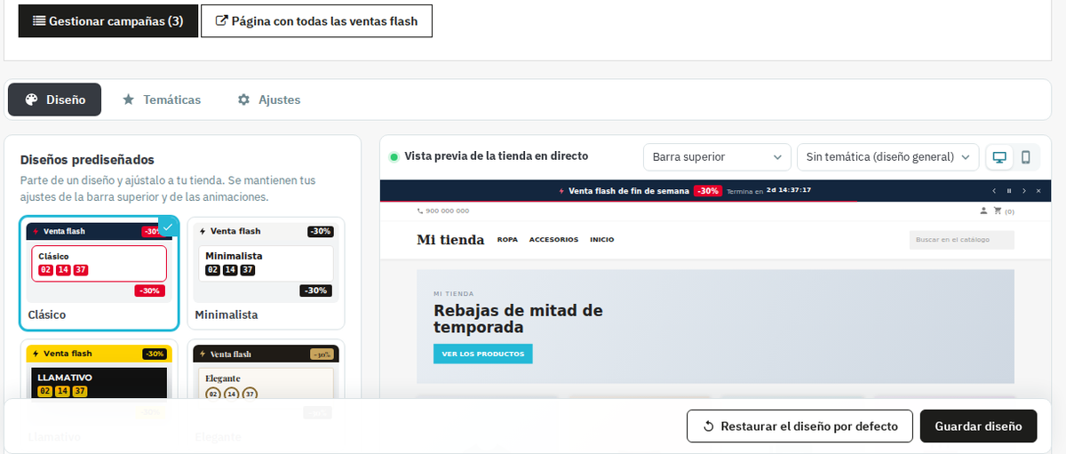 Editor visual de diseños de ventas flash con vista previa en vivo en el back office de PrestaShop