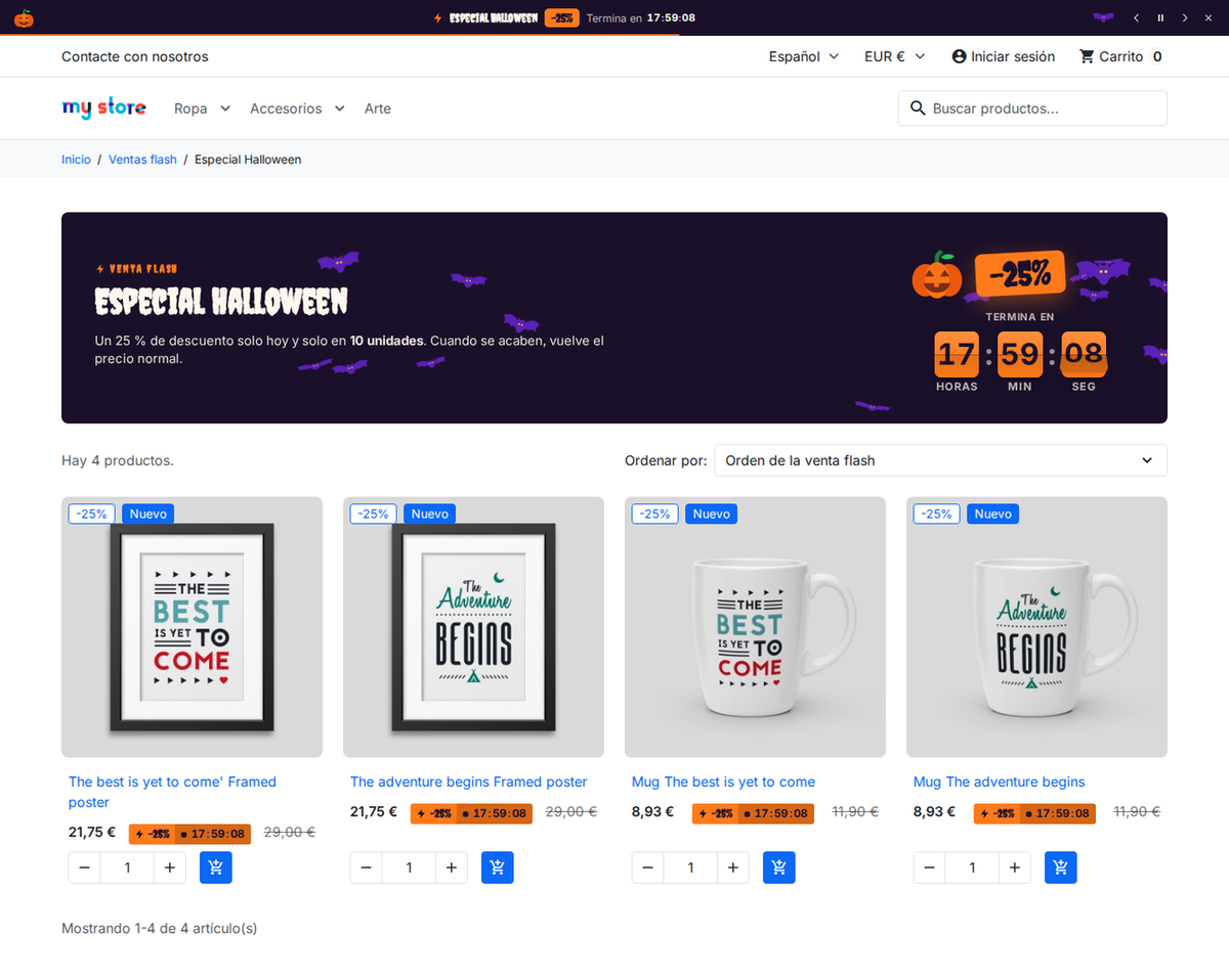 Página propia de la campaña de venta flash con sus productos y la cuenta atrás