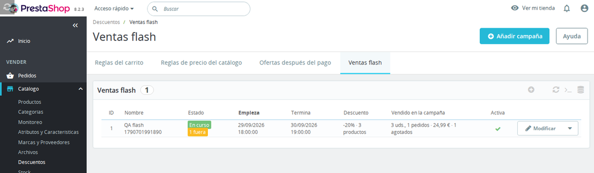 Listado de campañas de ventas flash en el back office de PrestaShop