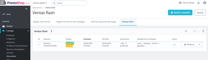 Listado de campañas de ventas flash en el back office de PrestaShop