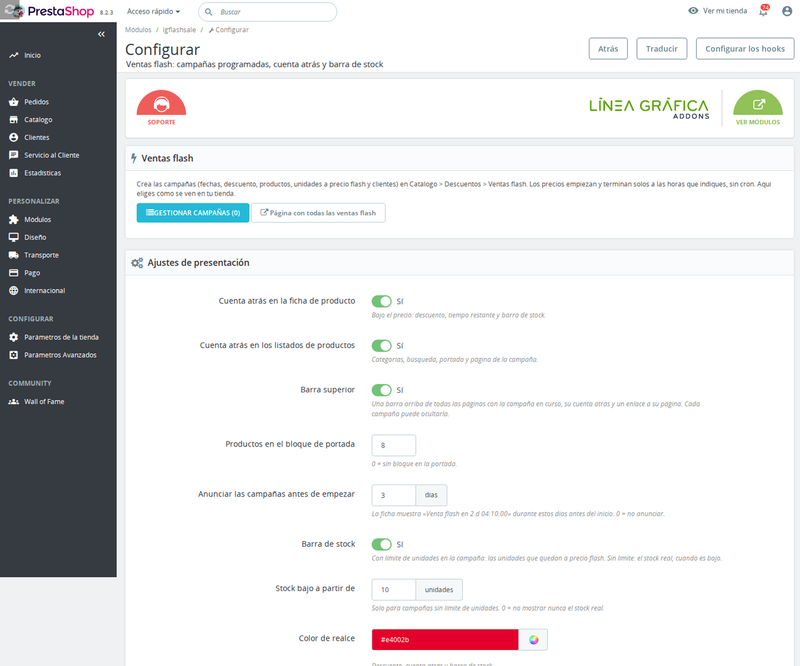 Configuración del módulo de ventas flash: dónde se ve la cuenta atrás y colores