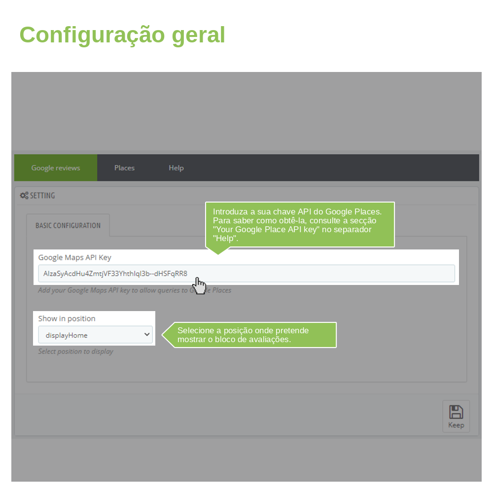 Configuração do módulo de avaliações Google: chave da API Google Places e posição do bloco