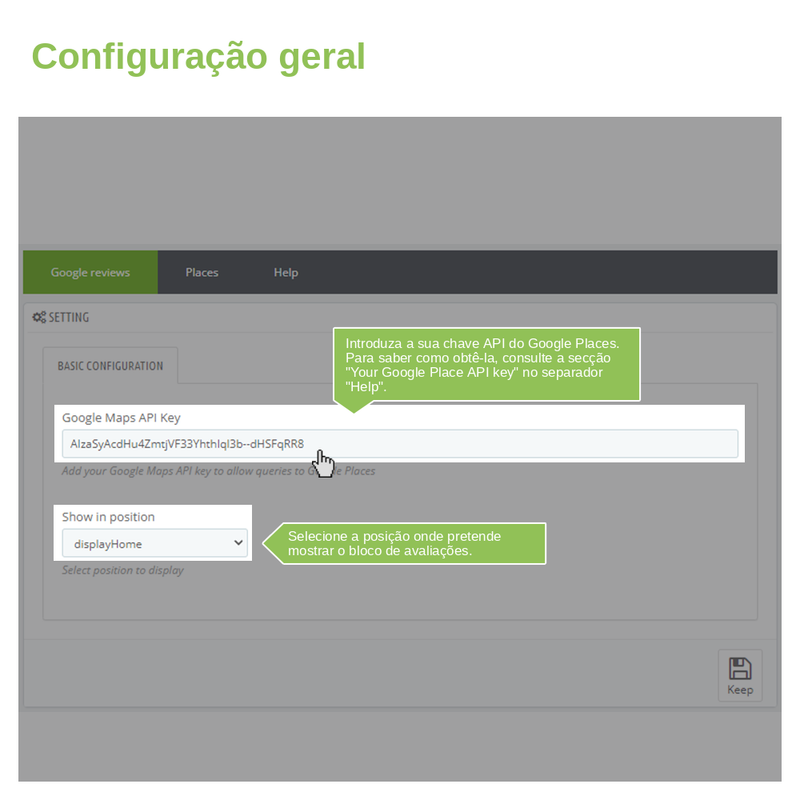 Configuração do módulo de avaliações Google: chave da API Google Places e posição do bloco