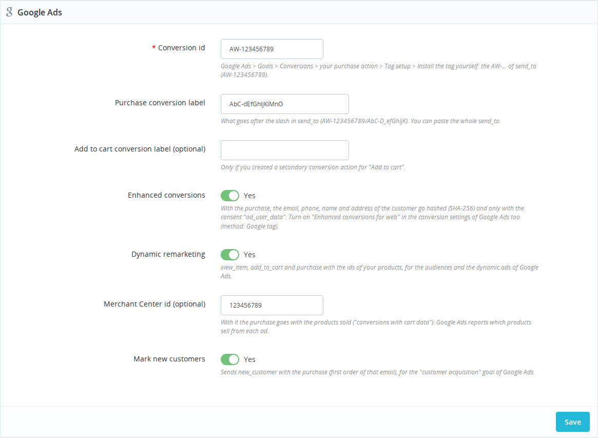 Google Ads conversion ID and purchase label settings in PrestaShop