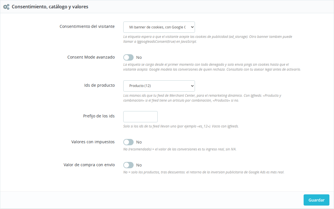 Consent Mode v2, ids del feed de Merchant Center e importes de las conversiones