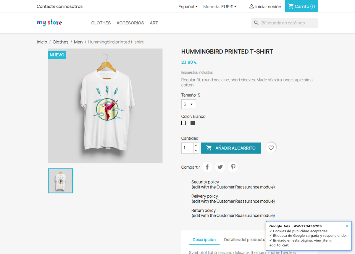 Prueba de la etiqueta de Google Ads en la propia tienda PrestaShop