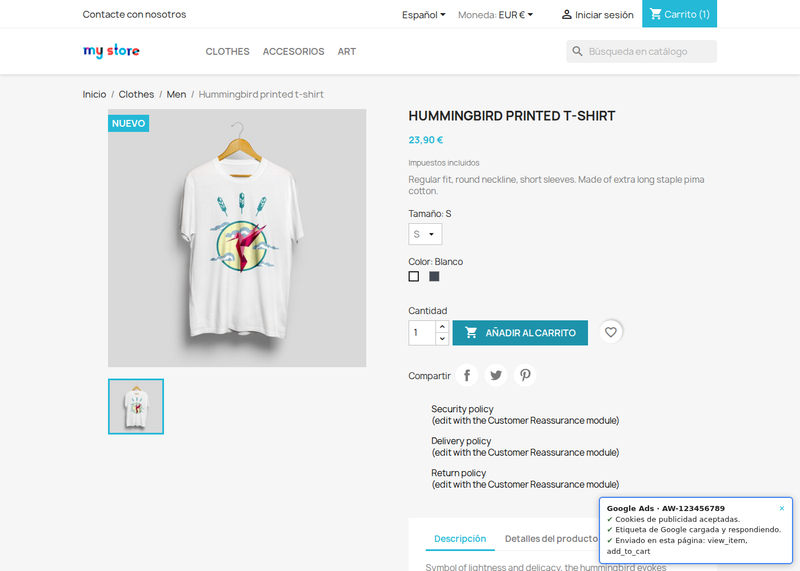 Prueba de la etiqueta de Google Ads en la propia tienda PrestaShop