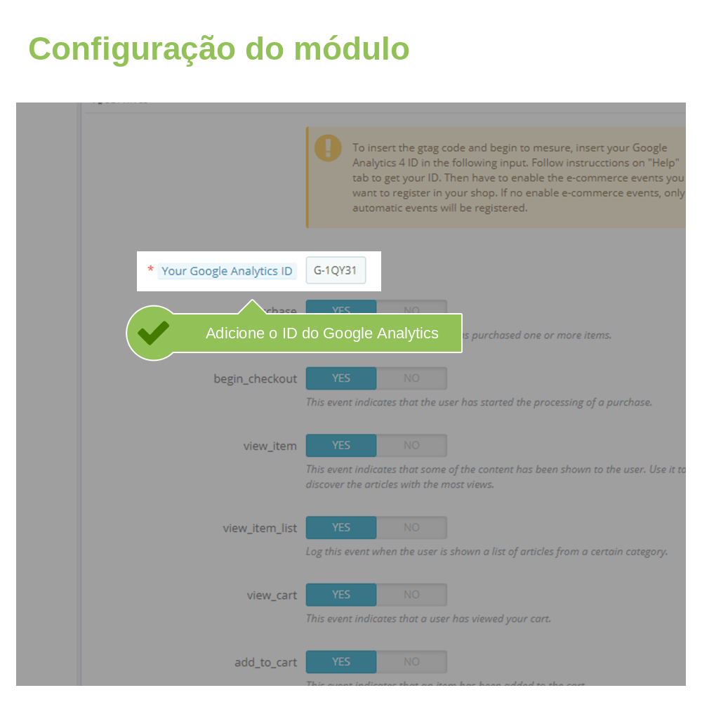 Configuração do módulo: ID de medição do Google Analytics 4 no PrestaShop