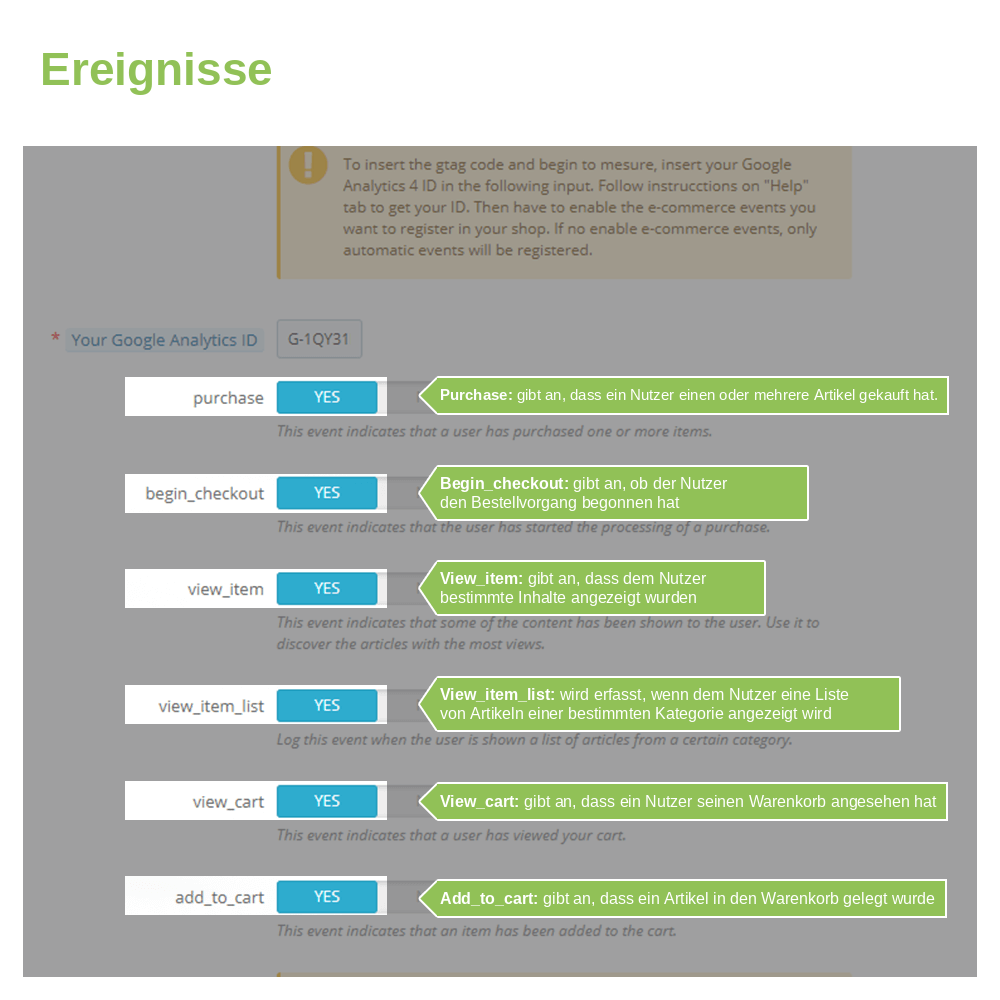 Schalter für GA4-E-Commerce-Ereignisse: purchase, begin_checkout, view_item und add_to_cart