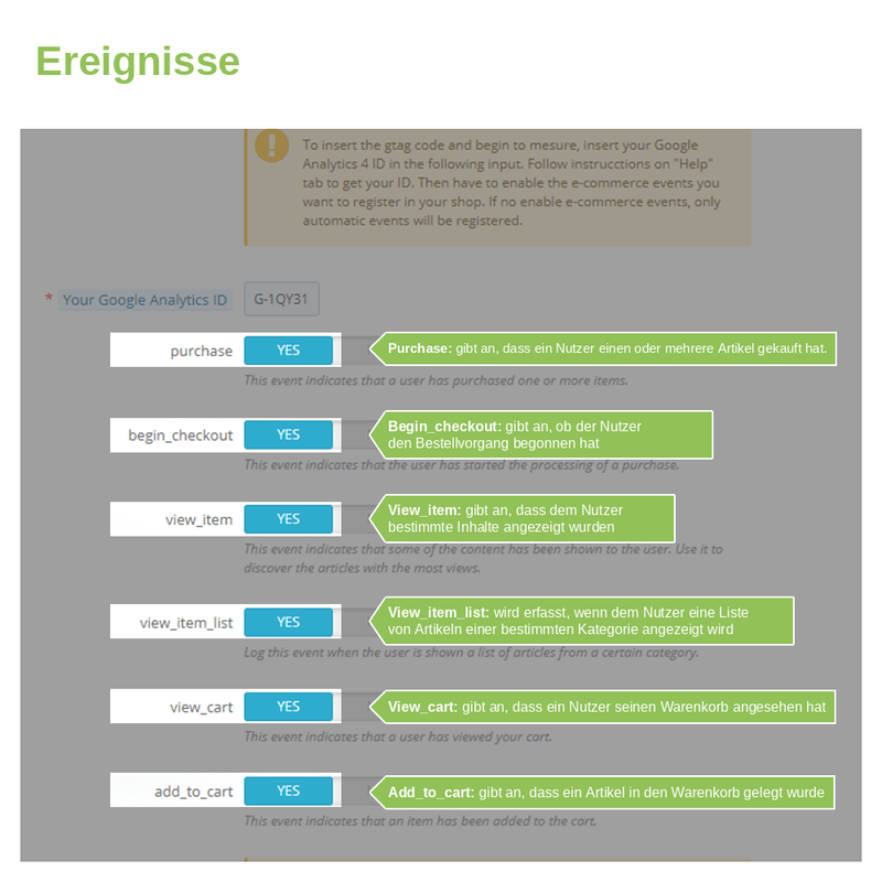 Schalter für GA4-E-Commerce-Ereignisse: purchase, begin_checkout, view_item und add_to_cart