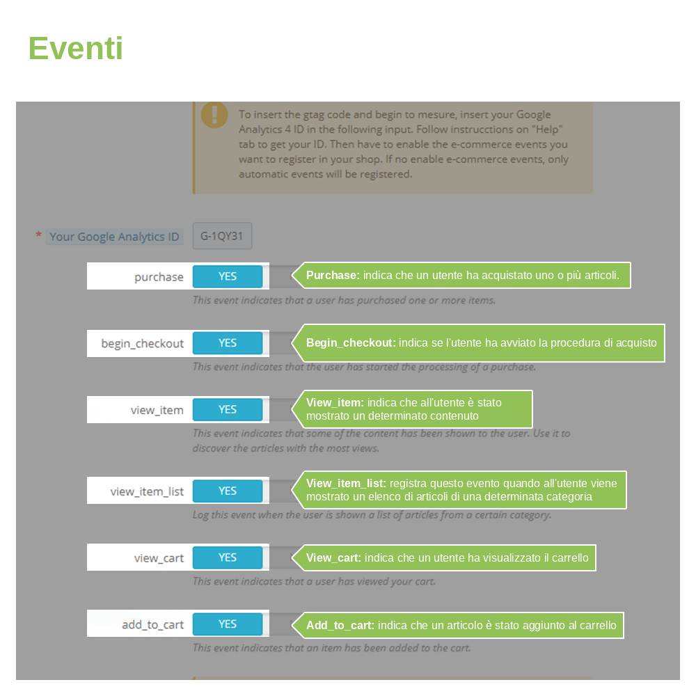 Interruttori degli eventi e-commerce GA4: purchase, begin_checkout, view_item e add_to_cart