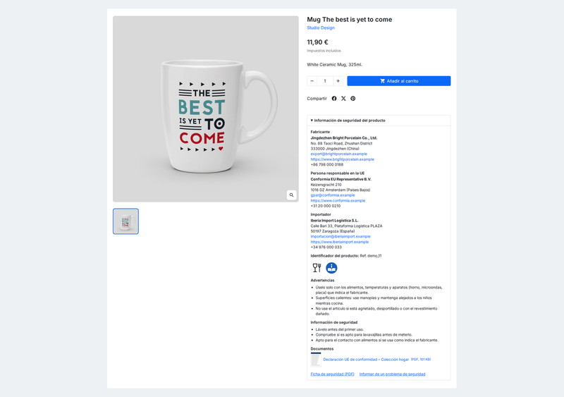 Fabricante, persona responsable en la UE, importador, advertencias y documentos GPSR en la ficha de producto de PrestaShop