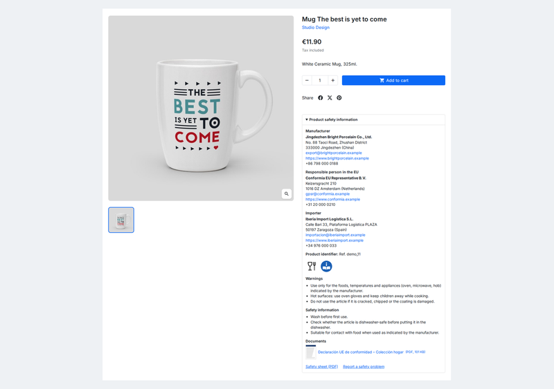 Fabricante, pessoa responsável na UE, importador, advertências e documentos GPSR na página de produto PrestaShop