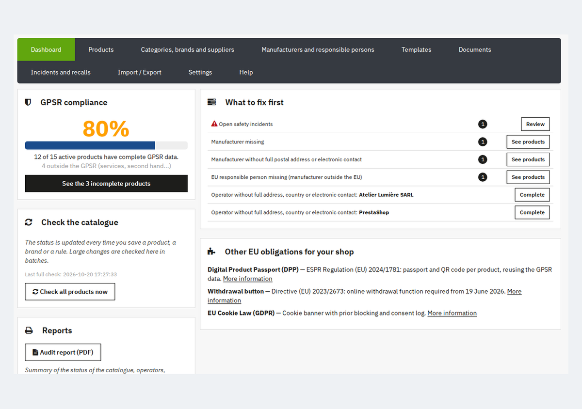 GPSR compliance dashboard with the catalog score and what to fix first