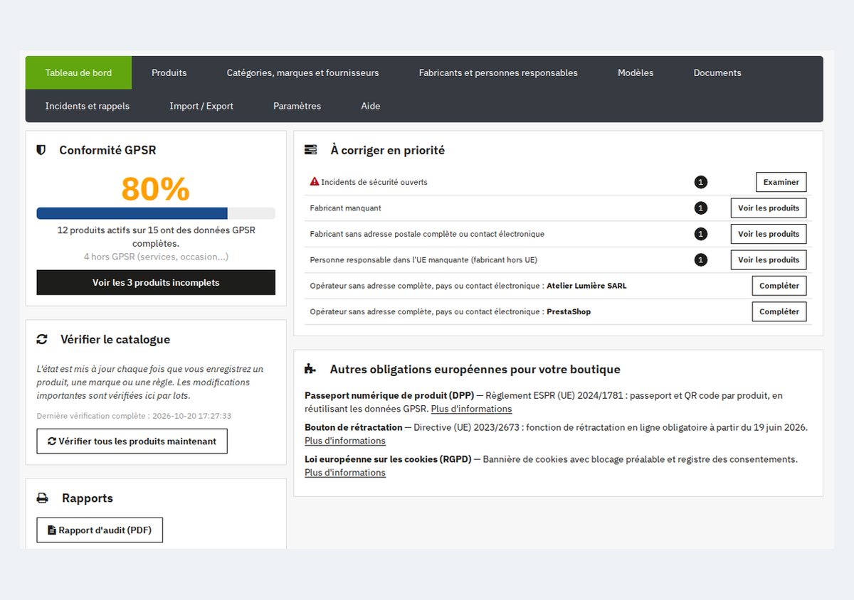Tableau de bord de conformité GPSR avec le score du catalogue et les corrections prioritaires