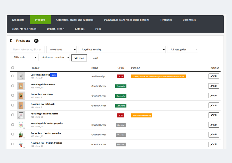 Product list with GPSR status and what is missing on each product