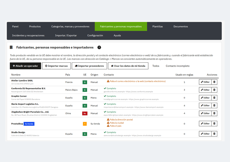 Fabricantes, personas responsables e importadores con su dirección y contacto