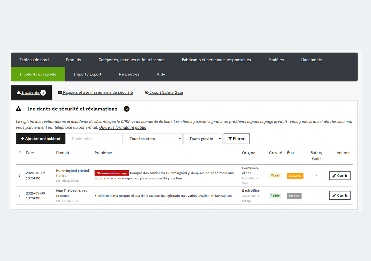 Registre des incidents de sécurité, rappels et export Safety Gate