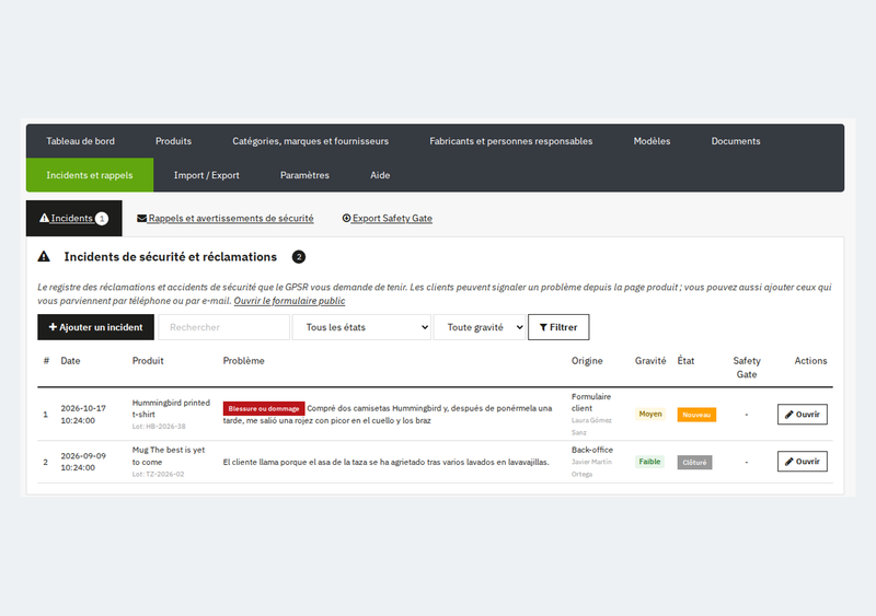 Registre des incidents de sécurité, rappels et export Safety Gate