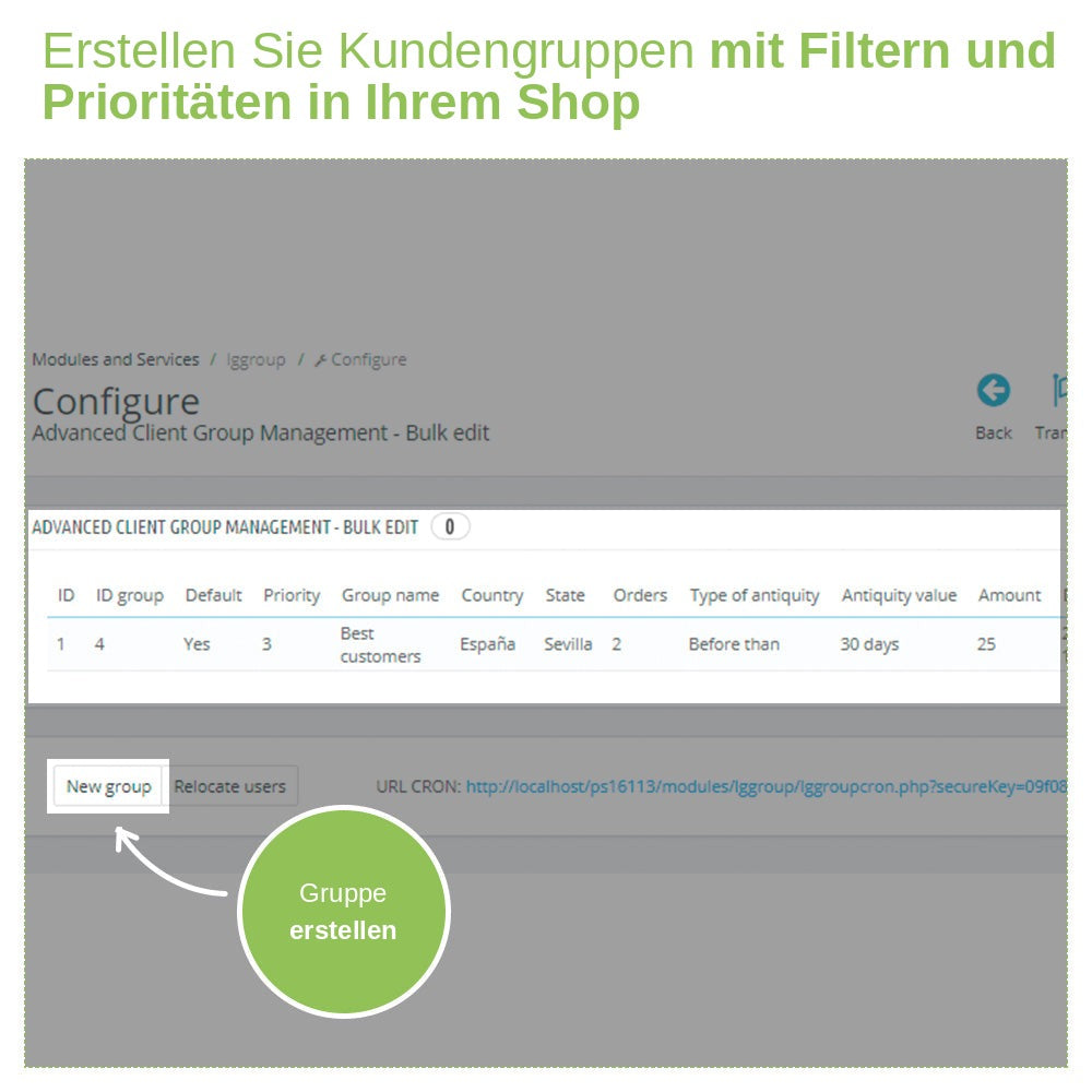 Liste der per Regeln erstellten Kundengruppen mit den Schaltflächen „Neue Gruppe“ und „Kunden neu zuordnen“