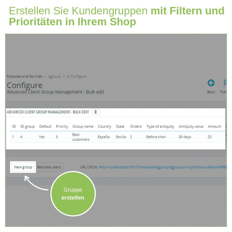 Liste der per Regeln erstellten Kundengruppen mit den Schaltflächen „Neue Gruppe“ und „Kunden neu zuordnen“