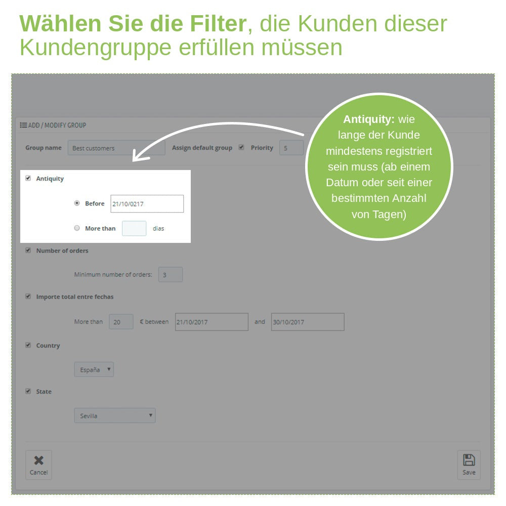 Regel zur Dauer der Kundenbeziehung für eine PrestaShop-Kundengruppe: registriert vor einem Datum oder vor X Tagen