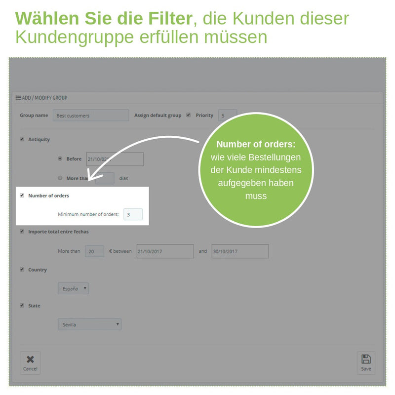Regel zur Mindestanzahl an Bestellungen für die Aufnahme in eine PrestaShop-Kundengruppe