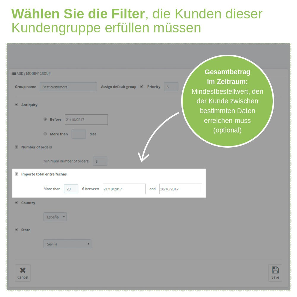 Regel zum Mindestumsatz in einem Zeitraum für die Zuordnung von Kunden zu einer PrestaShop-Gruppe