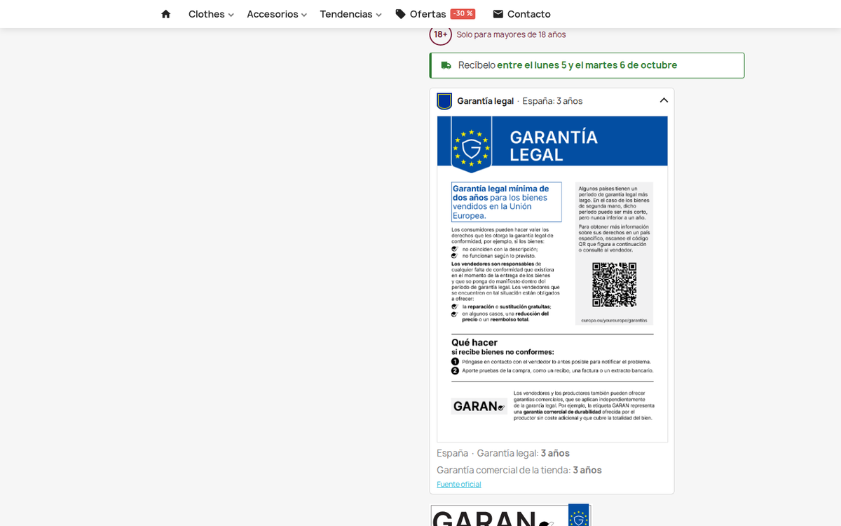Aviso oficial de garantía legal de la UE y etiqueta GARAN en la ficha de producto de PrestaShop