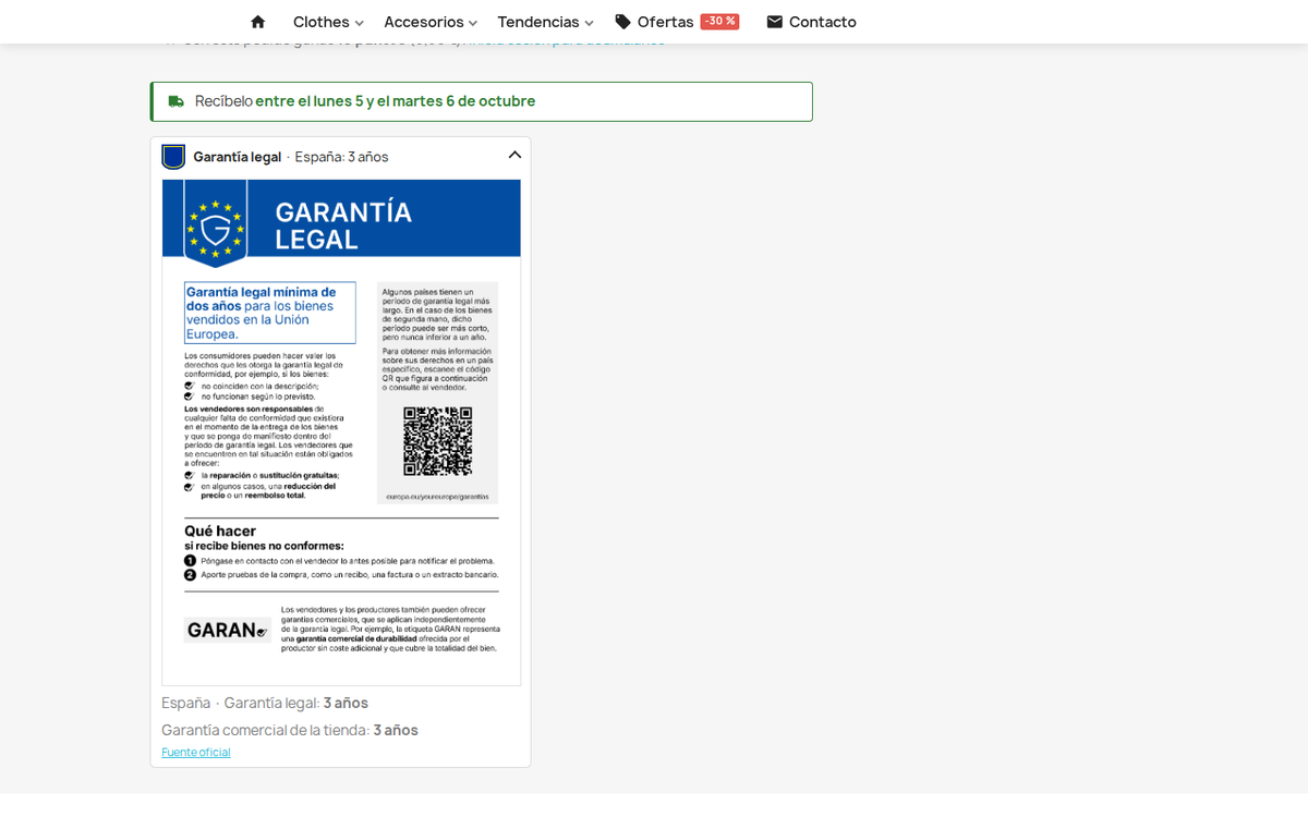 Aviso de garantía legal en el carrito y el checkout de PrestaShop antes de pagar