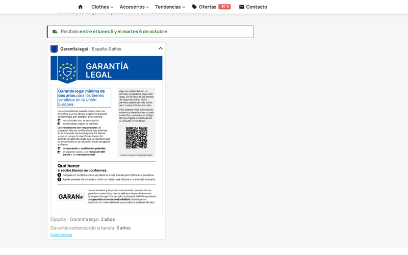 Aviso de garantía legal en el carrito y el checkout de PrestaShop antes de pagar