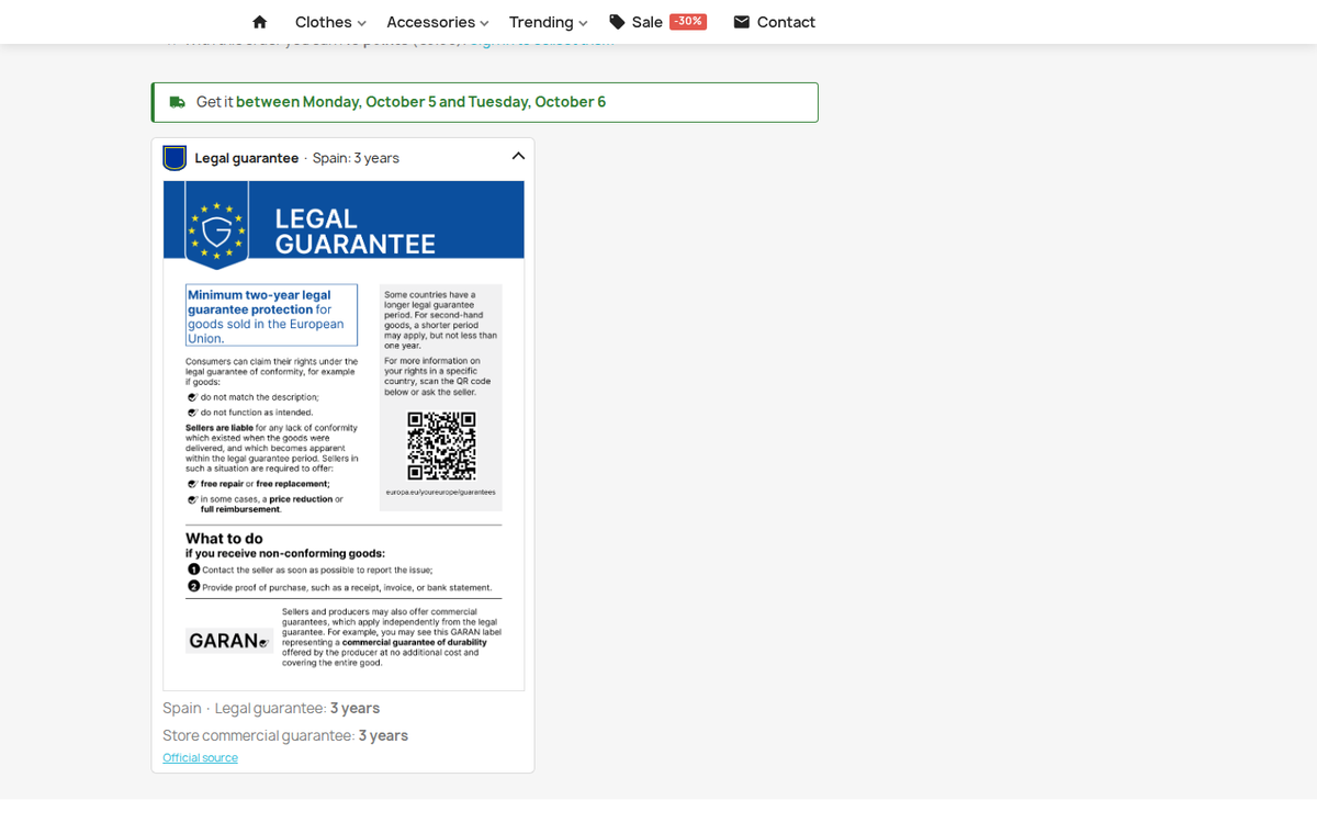 Avis de garantie légale dans le panier et le checkout PrestaShop avant paiement