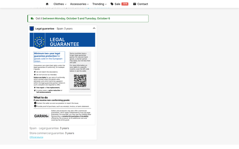Avis de garantie légale dans le panier et le checkout PrestaShop avant paiement