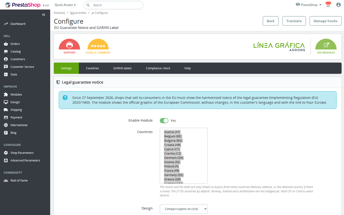 Legal guarantee notice settings: placements, design and EU countries