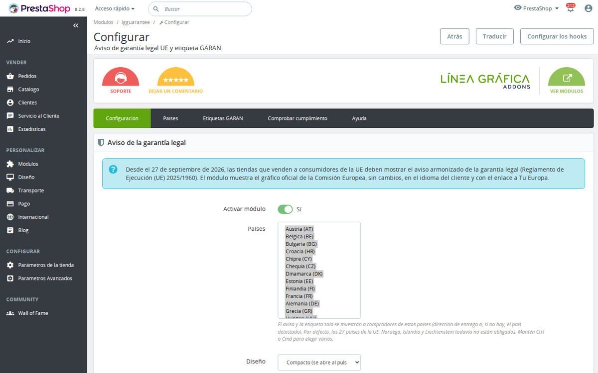 Configuración del aviso de garantía legal: ubicaciones, diseño y países de la UE