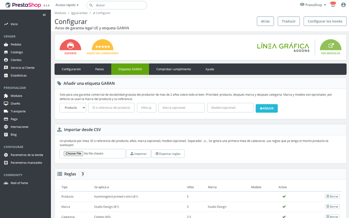 Reglas de la etiqueta de durabilidad GARAN por producto, marca, categoría o CSV
